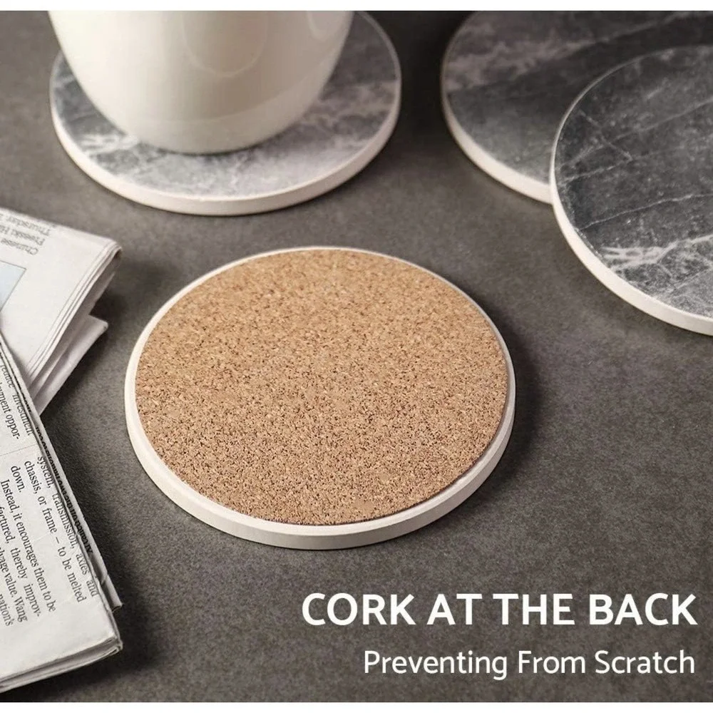 Absorbent Stone Drink Coasters Set of 6 Marble Style w/ Cork Back & Holder